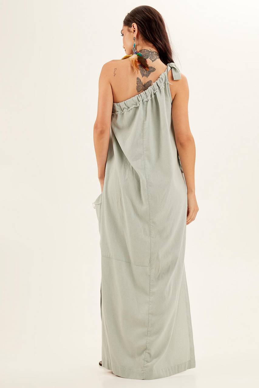 Yacamim Mint Green One-Shoulder Linen Maxi Dress