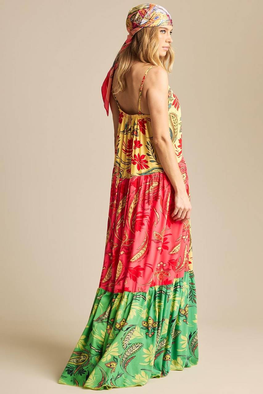 Long Dress Adjustable Straps Yellow and Pink Patchwork Yacamim C2