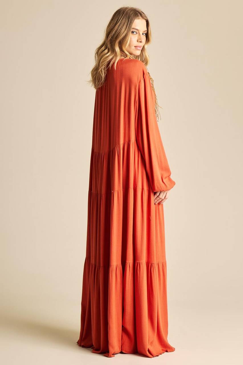 Rust Orange Three-Tiered Long Dress Yacamim D1