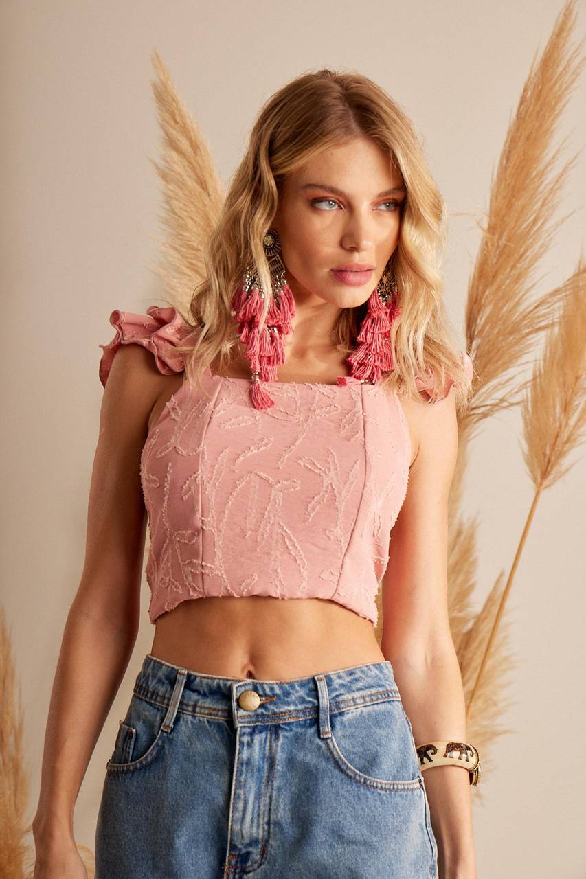 Yacamim F2 Pink Ruffled Sleeve Cropped Top