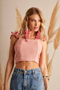 Yacamim F2 Pink Ruffled Sleeve Cropped Top