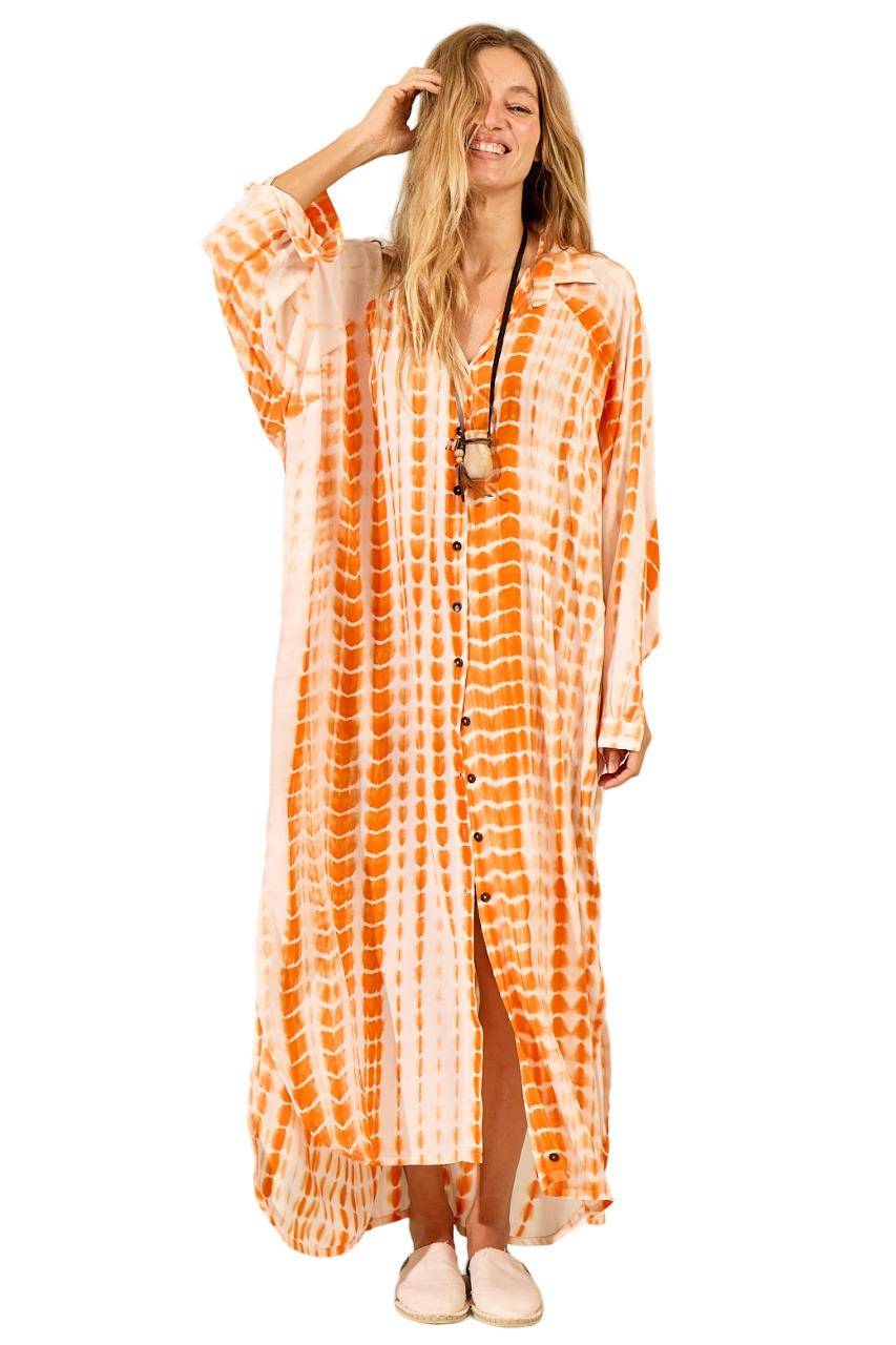 Yacamim Digital Tie Dye Print Long Orange Shirt