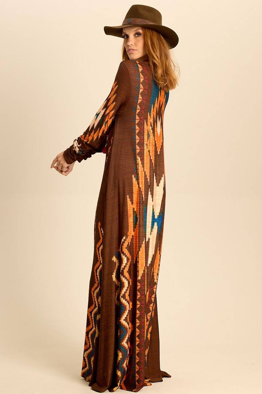 Long Brown Printed Yacamim Dress with Fitted Long Sleeves C18