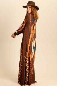 Long Brown Printed Yacamim Dress with Fitted Long Sleeves C18