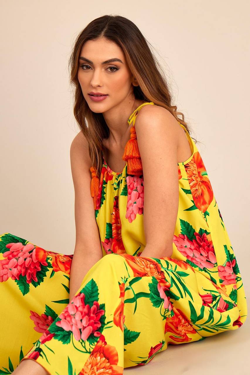 Yacamim Printed Yellow Basic Long Dress with Tie Straps