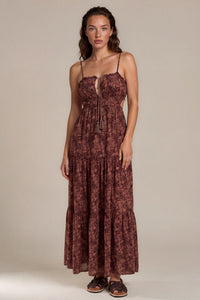 Vestido Longo Costas Abertas Marrom Escuro Estampado Yacamim D2