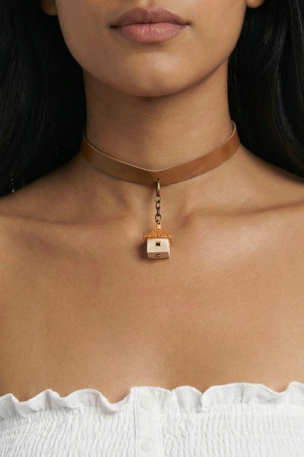 Handmade Leather Necklace with Yacamim Ceramic Pendant #835