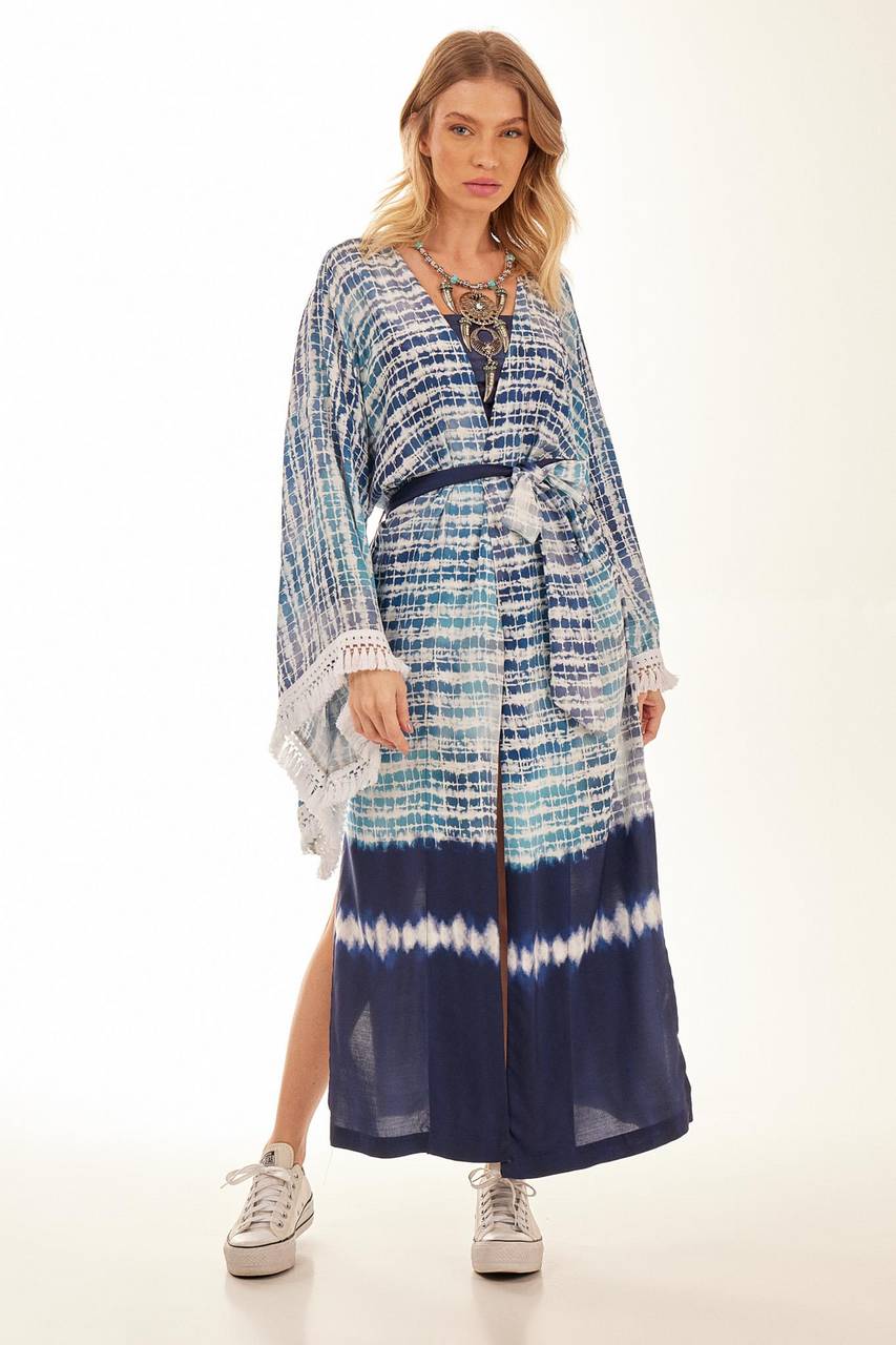 Yacamim Blue Digital Print Tie-Dye Long Kimono