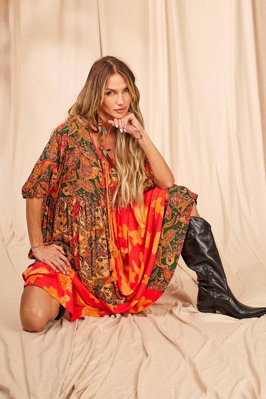 Yacamim C9 Orange Patchwork Midi Dress with 3/4 Sleeves