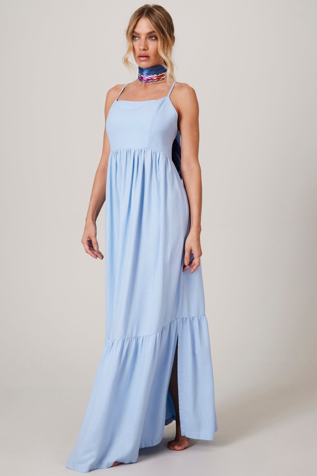 Yacamim Light Blue Linen Plain Long Dress