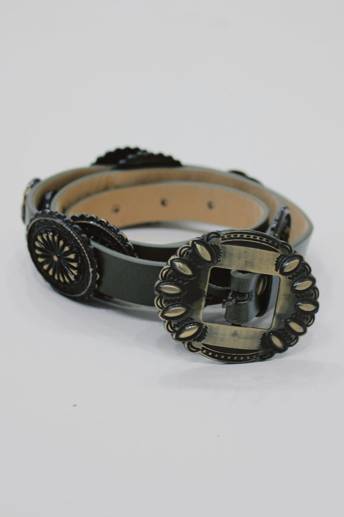 Dark Green Leather Belt With Old Gold Buckle Yacamim #671