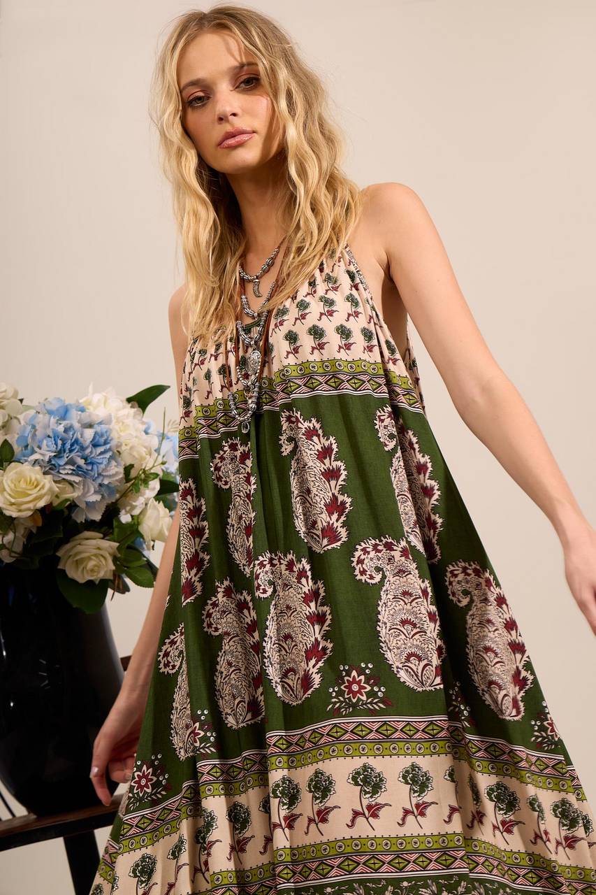 Yacamim Printed Green Strappy Long Dress