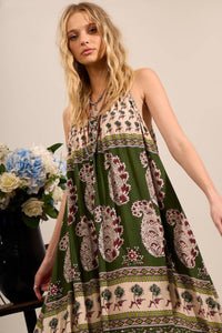 Yacamim Printed Green Strappy Long Dress