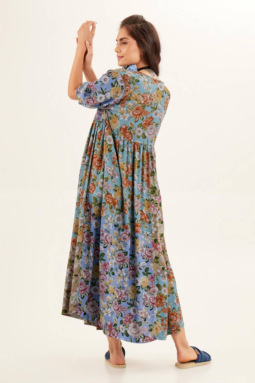 Yacamim Blue Patchwork 3/4 Sleeve Midi Dress