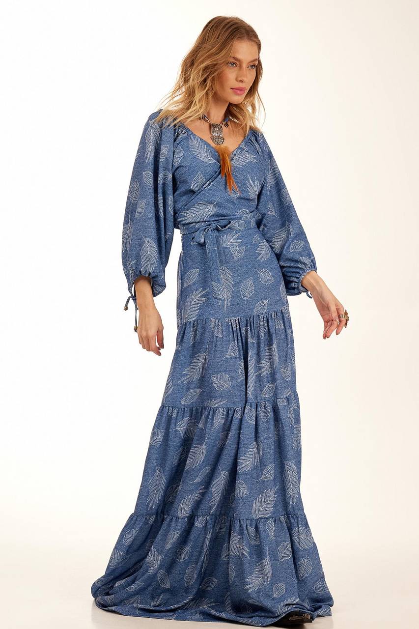 Yacamim Blue Printed Polyester Long Skirt