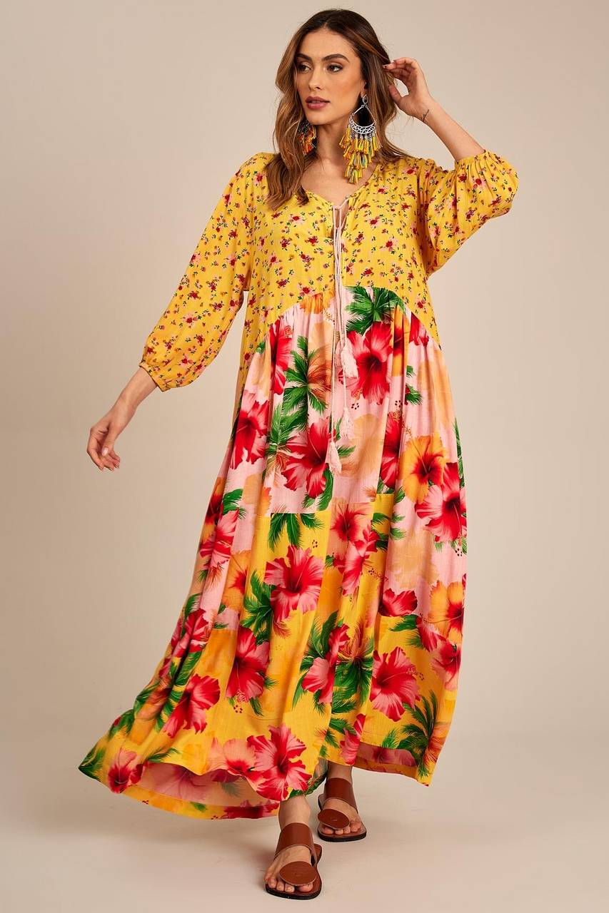 Yacamim Yellow Floral Patchwork Midi Dress