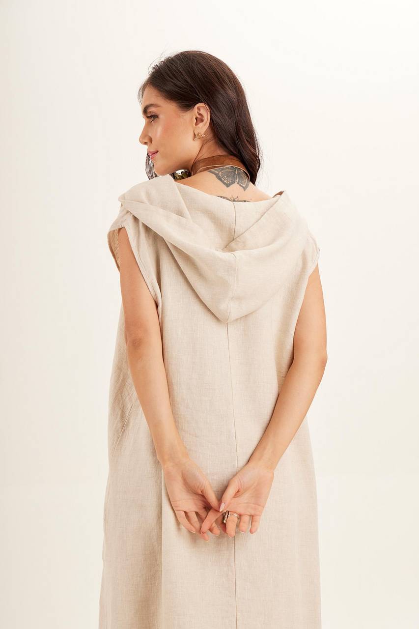 Yacamim Beige 100% Linen Hooded Midi Dress