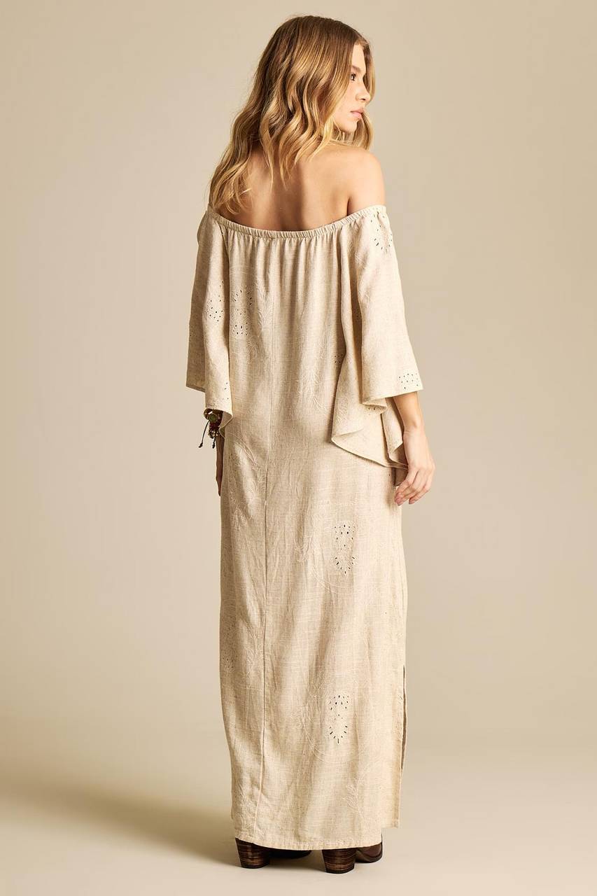 Yacamim E22 Beige Broderie Linen Off-the-Shoulder Long Dress
