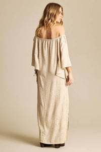 Yacamim E22 Beige Broderie Linen Off-the-Shoulder Long Dress