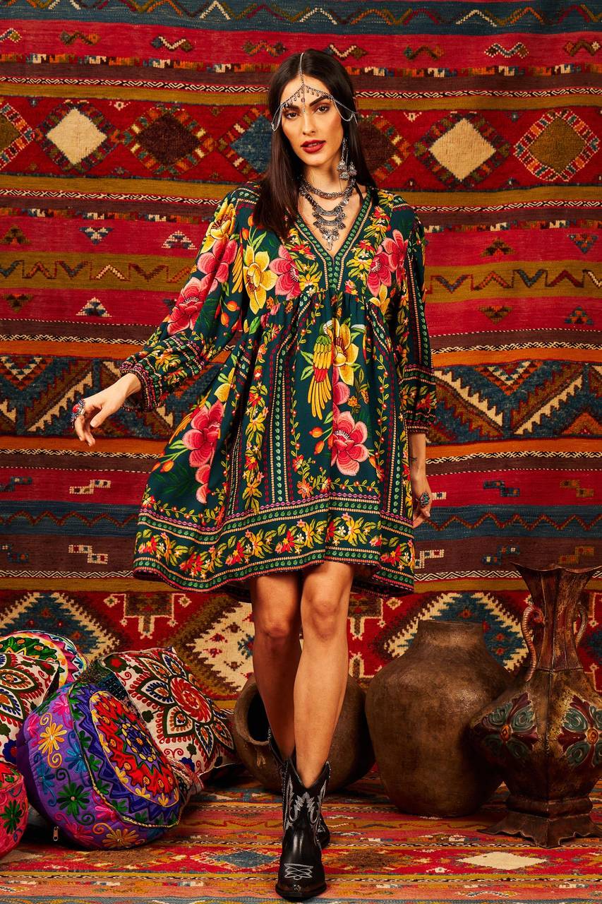 Yacamim Dark Green V-Neck Printed Short Dress