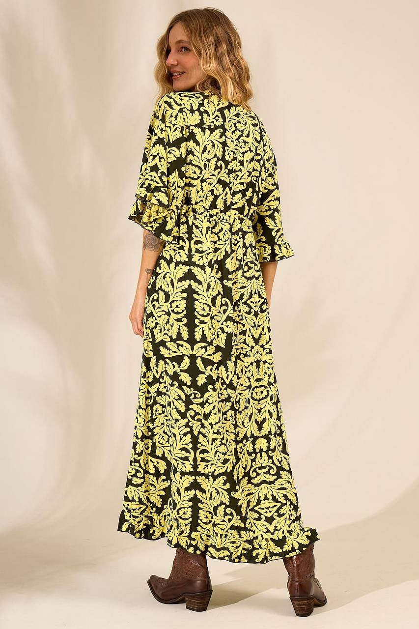 Yacamim C1 Printed Green Long Dress With 3/4 Wide Sleeves