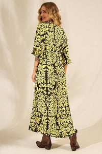 Yacamim C1 Printed Green Long Dress With 3/4 Wide Sleeves