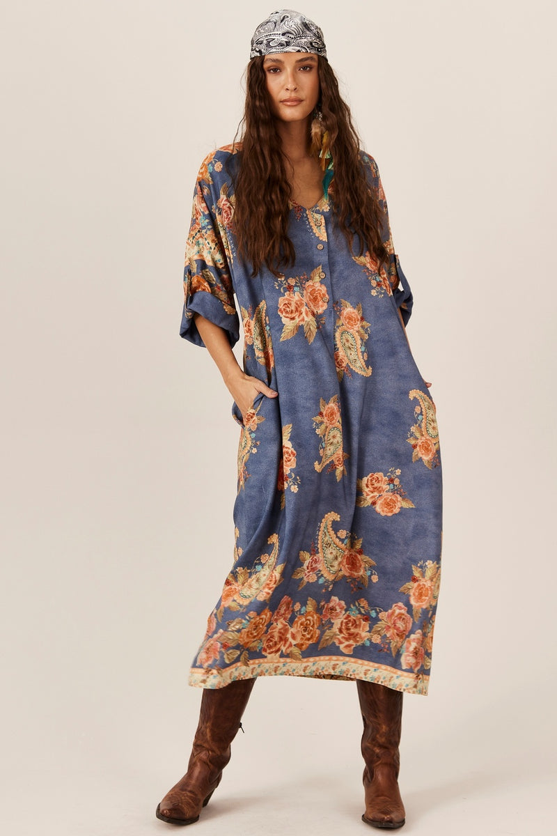 Chemise Midi Azul Petróleo Estampa Paisley Yacamim P8