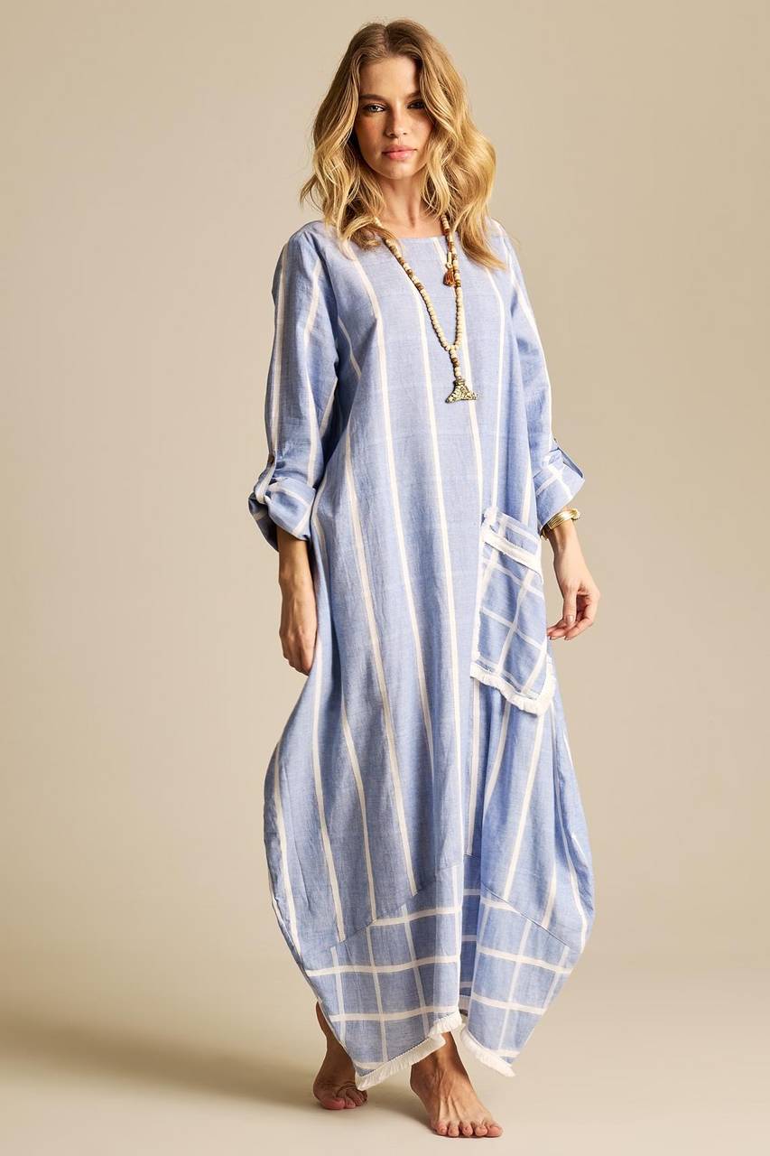 Yacamim Light Blue Plaid Linen Long Dress