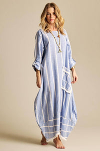 Yacamim Light Blue Plaid Linen Long Dress