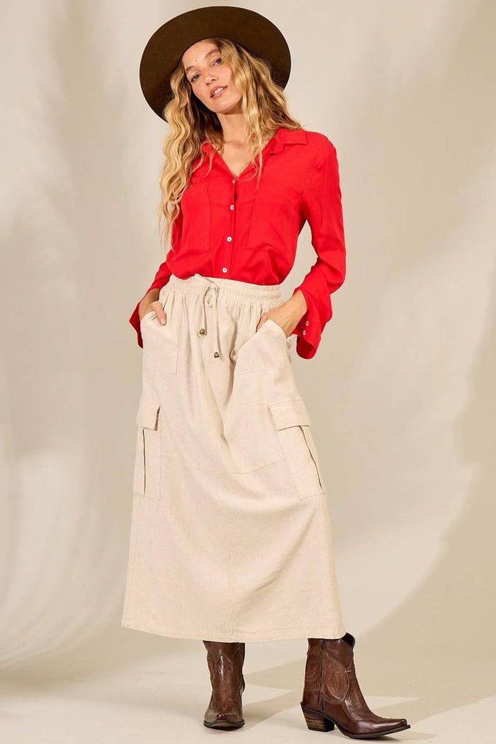 Yacamim G4 Beige Linen Midi Skirt with Slits and Pockets