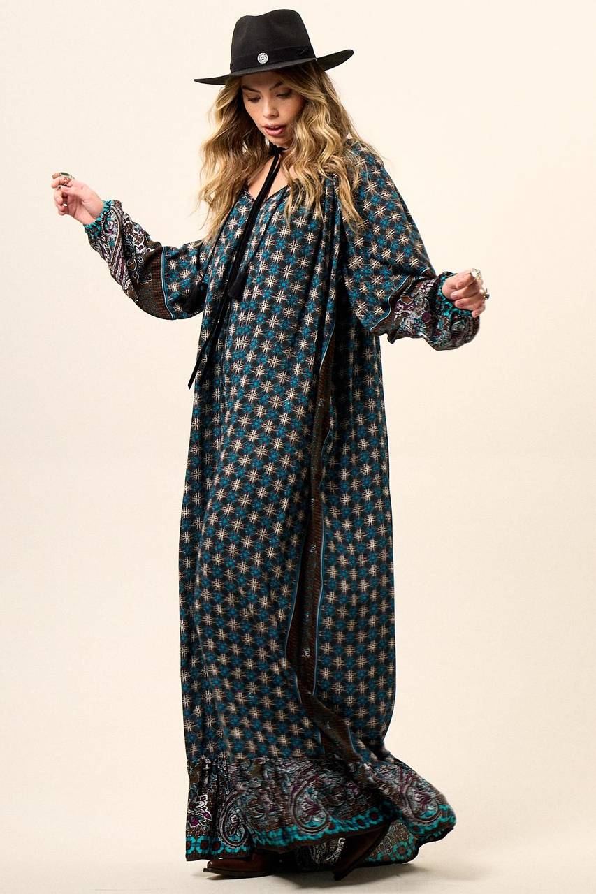 Yacamim D26 Printed Black Long Dress with Puffy Long Sleeves