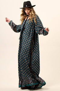 Yacamim D26 Printed Black Long Dress with Puffy Long Sleeves