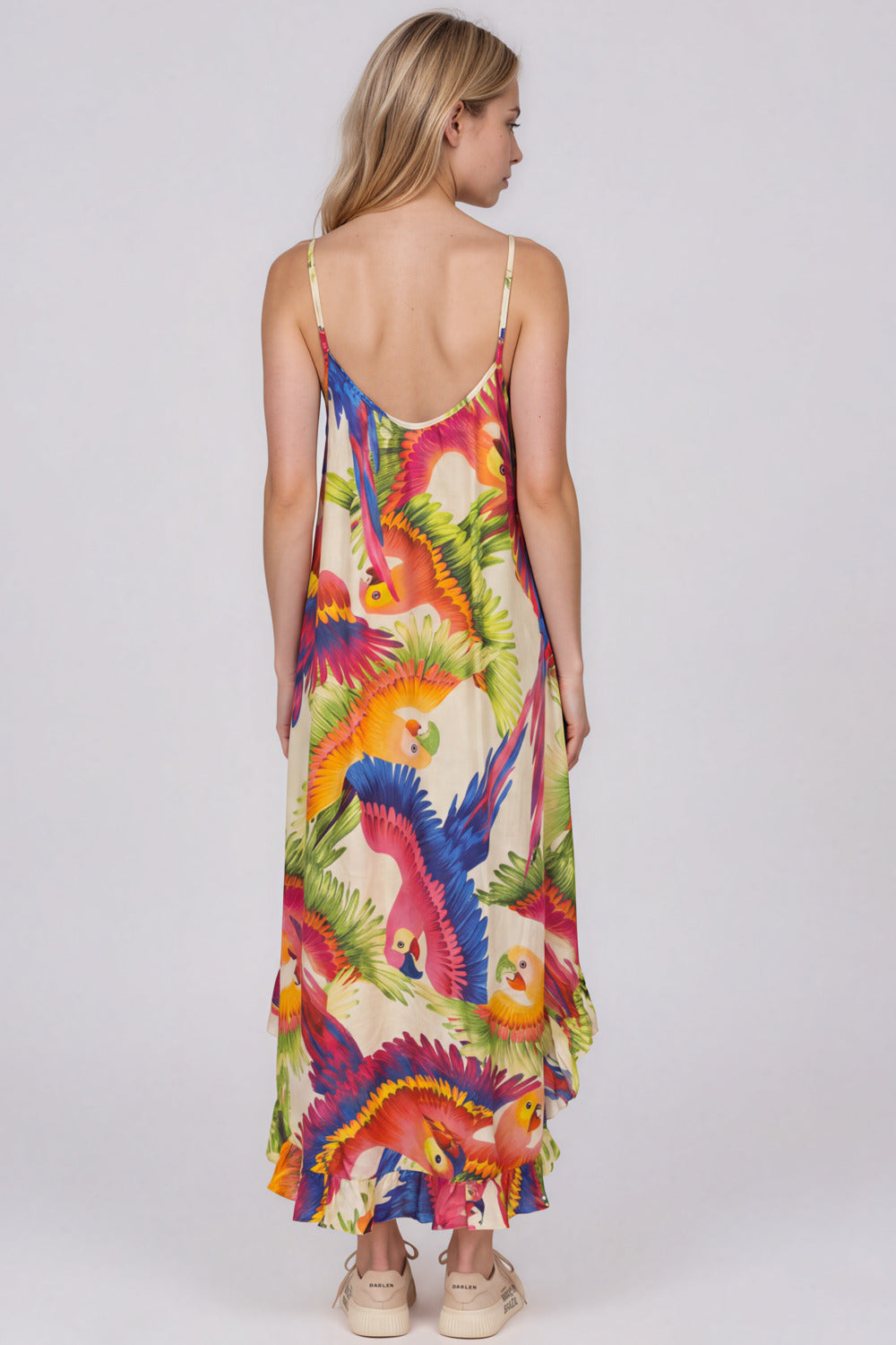 Vestido Midi Com Alças Reguláveis Bege Estampado Yacamim D30