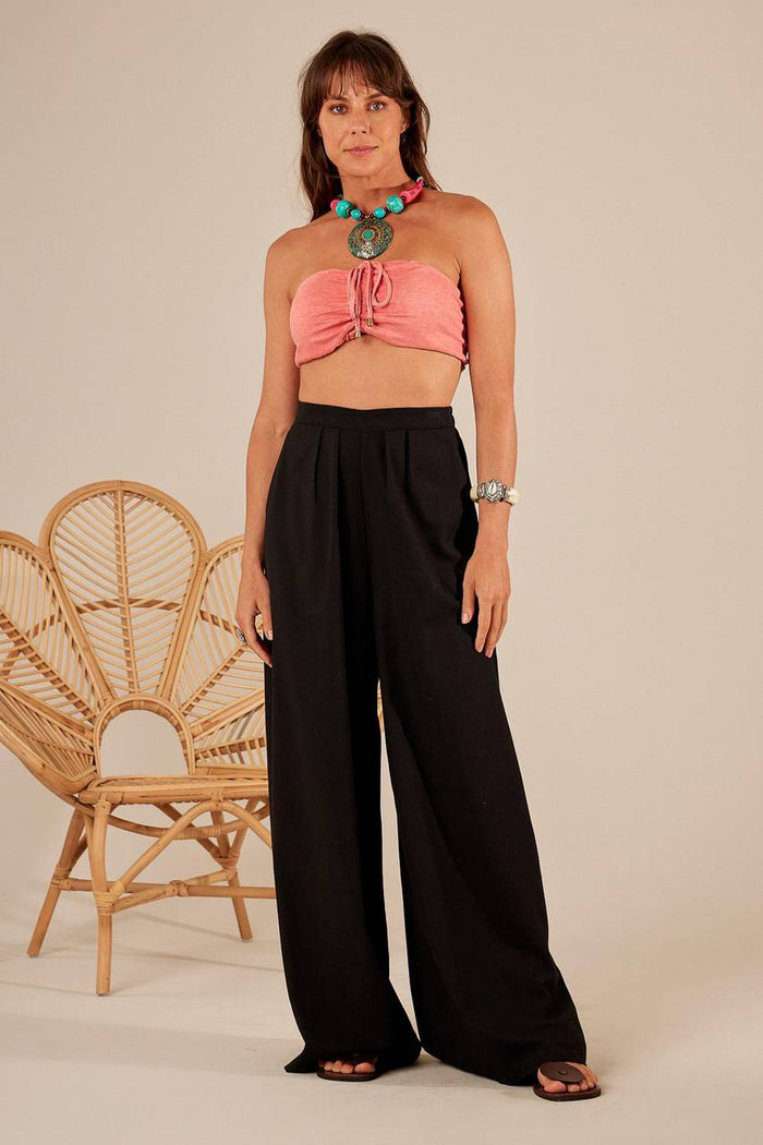 Yacamim Black High-Waisted Linen Palazzo Pants
