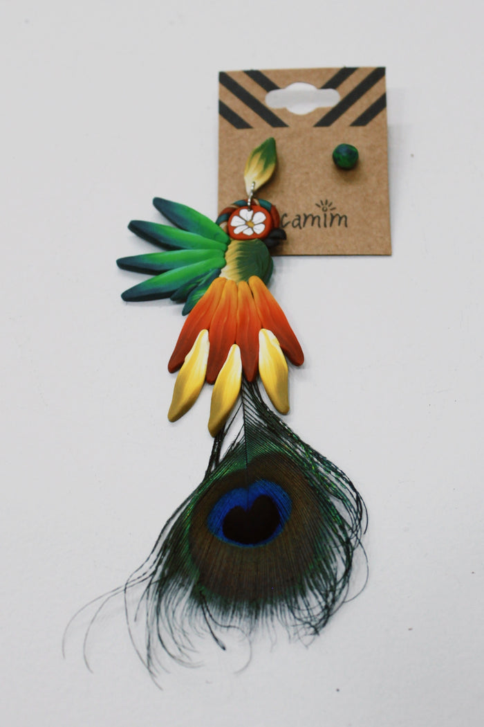 Yacamim Polymer Clay Macaw Earring with Peacock Feather #692