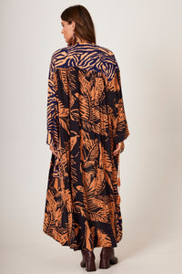 Yacamim J3 Light Brown and Black Printed Long Kimono with Pockets