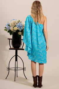 Yacamim Blue One-Shoulder Short Dress with Embroidered Flowers D2