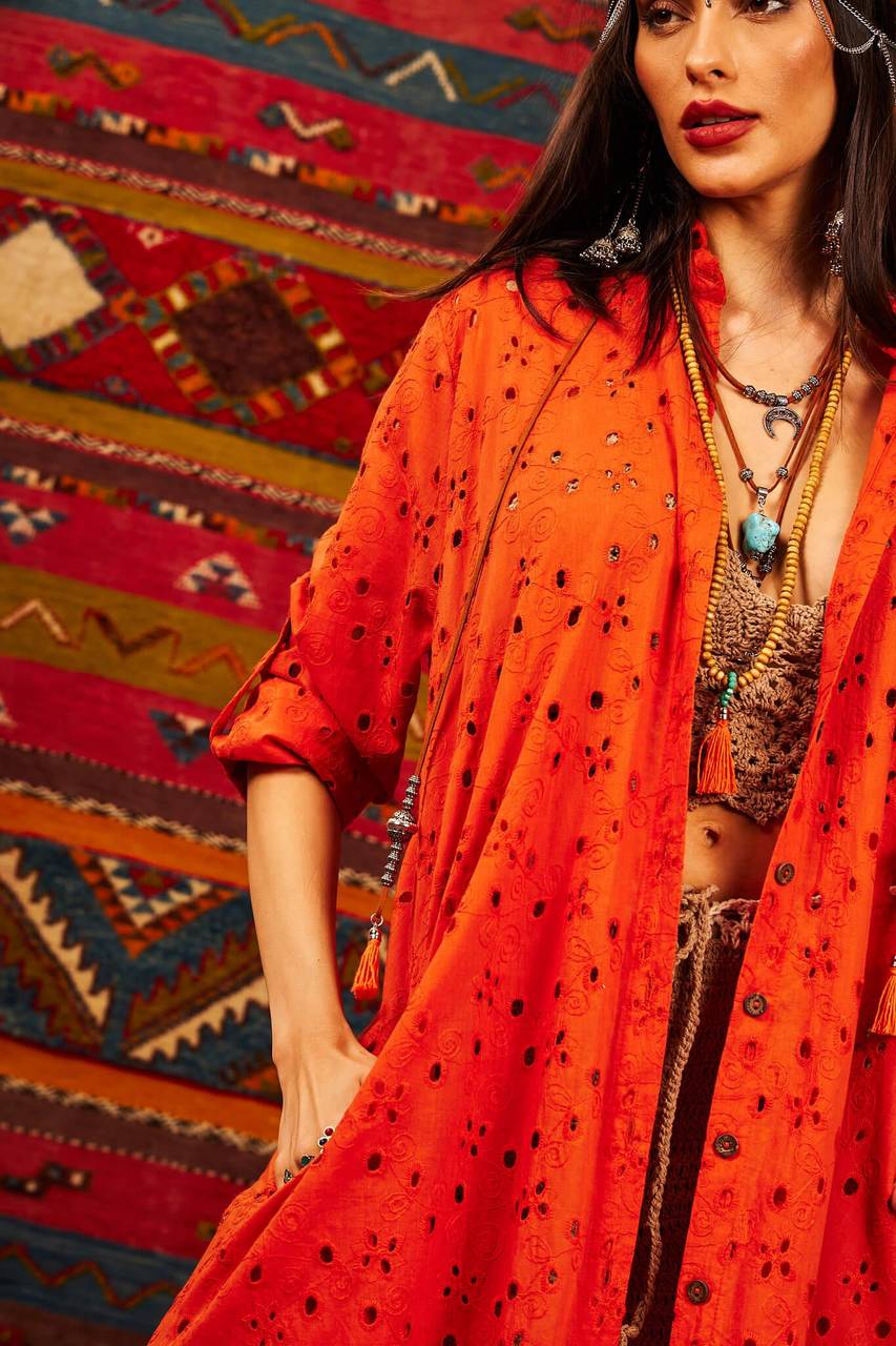 Yacamim Orange Broderie Folded Sleeve Midi Shirt Dress