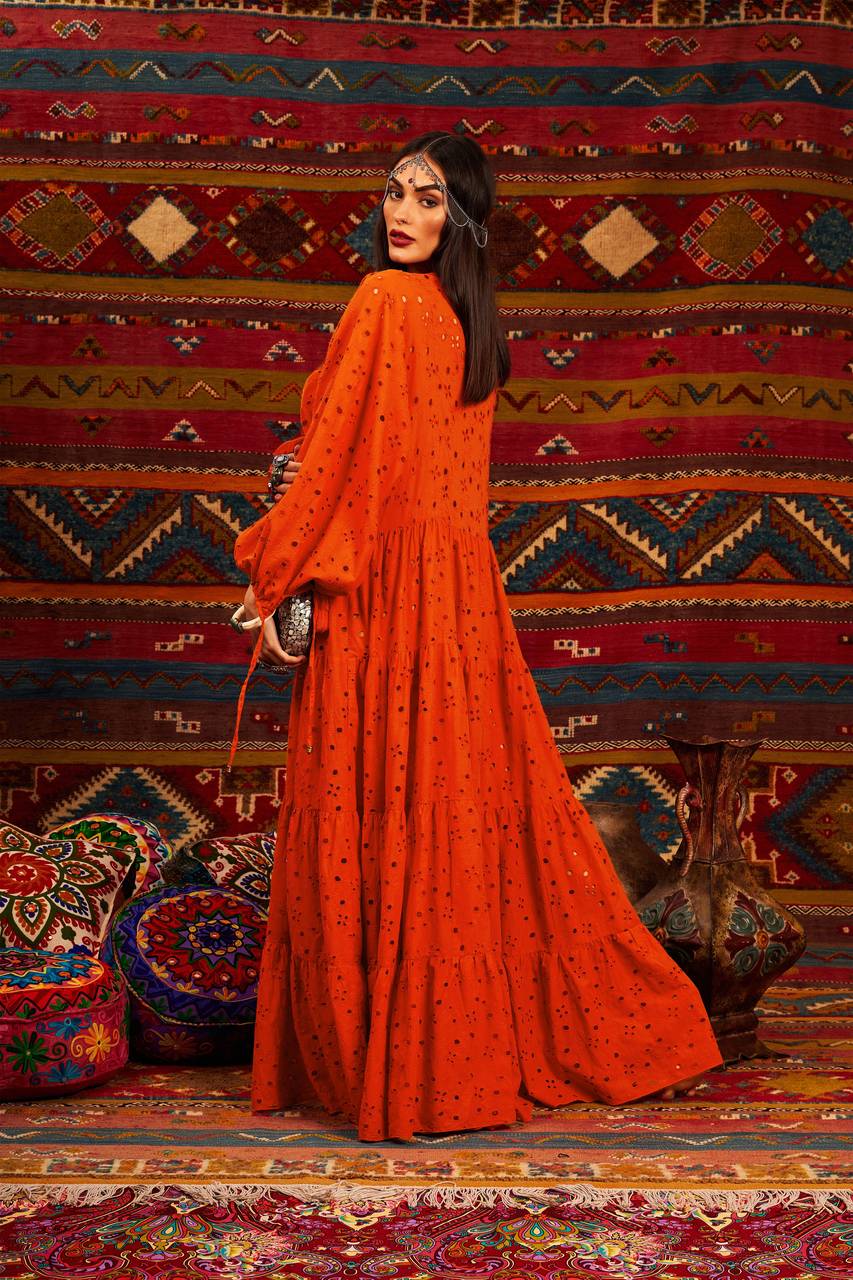 Yacamim Orange Broderie Puffed Sleeve Maxi Dress