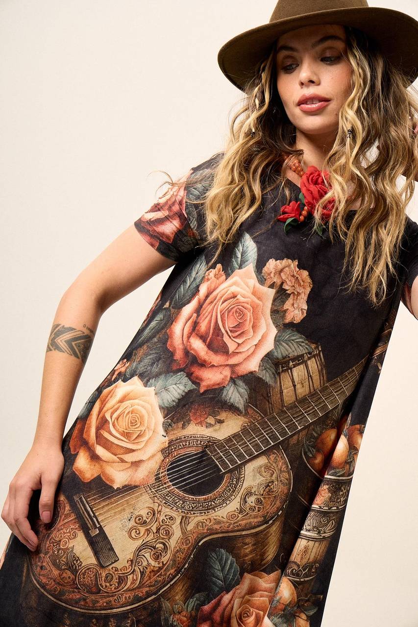 Yacamim Graphite Short Sleeve Long Dress with Guitar Print