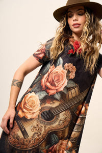 Yacamim Graphite Short Sleeve Long Dress with Guitar Print