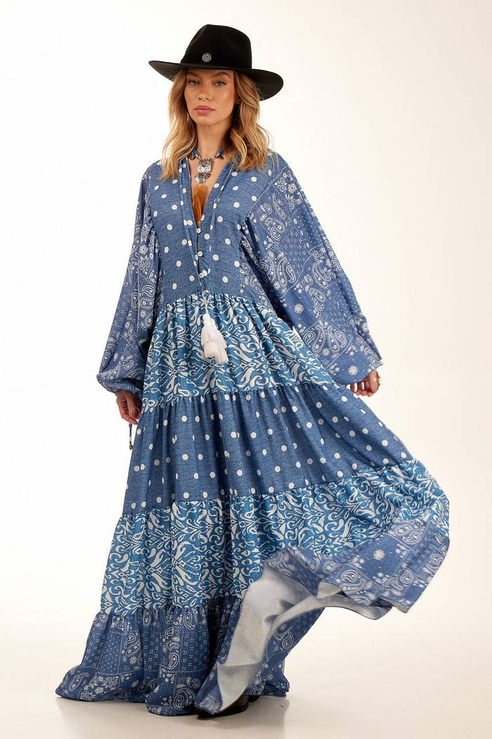 Yacamim Women's Long Wide Polyester Blue Printed Patchwork Dress