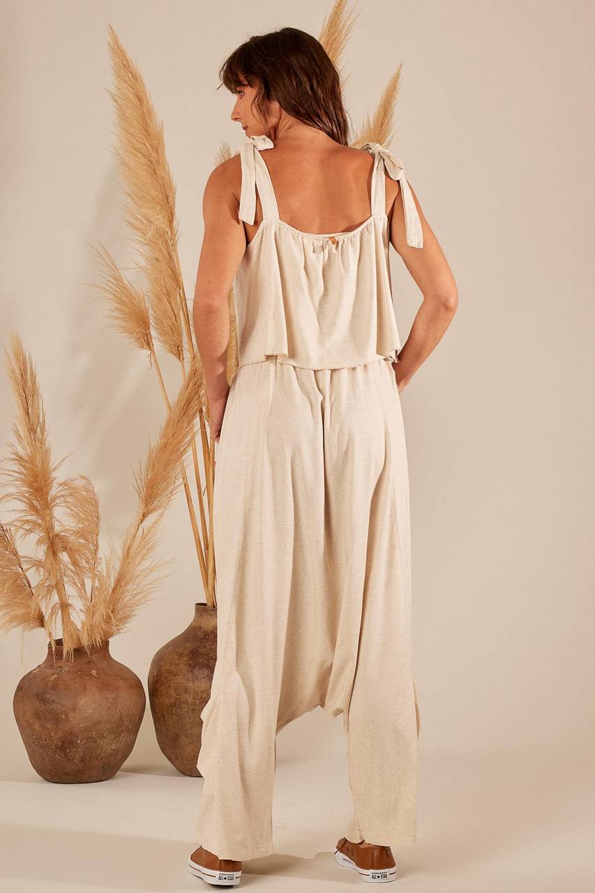 Yacamim A25 Beige Linen Sarouel Pants with Leg Pockets