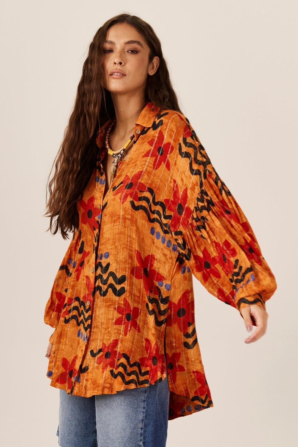 Short Lurex Shirt Orange Printed Yacamim N8