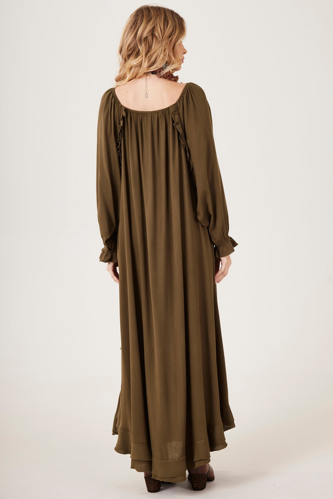 Yacamim C27 Plain Moss Green Off-the-Shoulder Long Dress