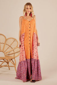Yacamim Orange and Rosé Patchwork Long Chemise Dress with Ruffles