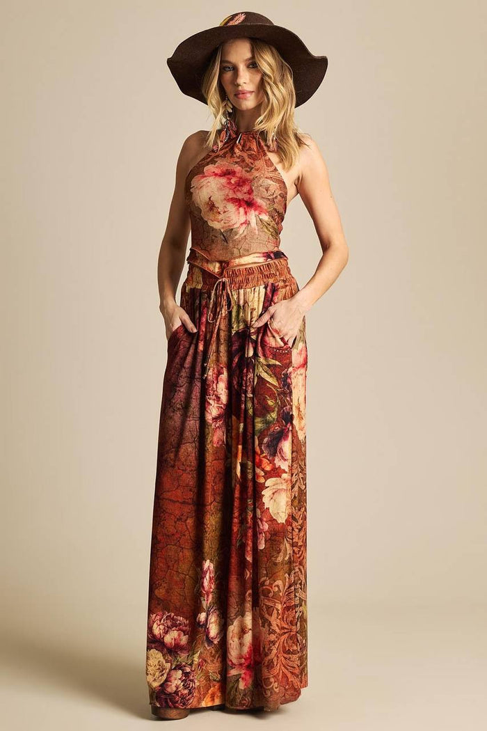 Yacamim Brown Printed Palazzo Pants with Elastic Waistband -i2