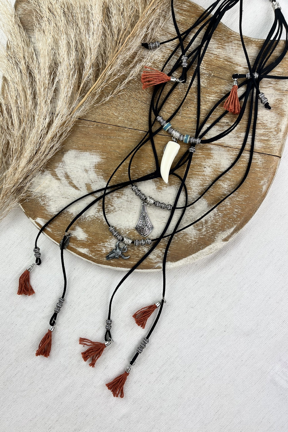 Handmade Necklace with Black Faux Leather Straps Yacamim #76