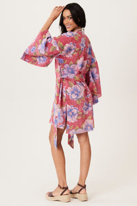 Inhotim Short Kimono 100% Cotton Red Floral Yacamim R6