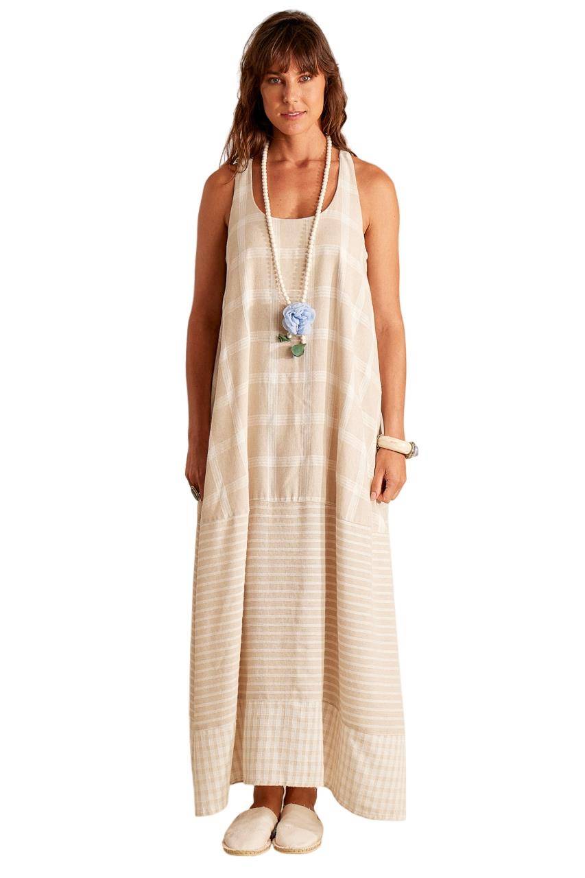 Yacamim Beige Plaid Viscolinho Sleeveless Racerback Maxi Dress